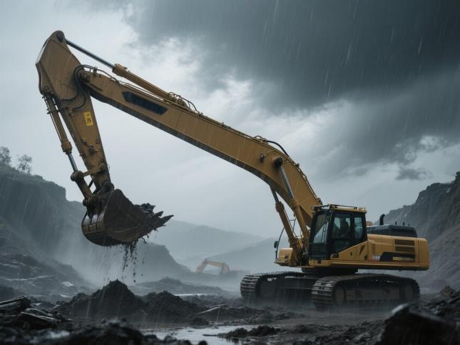 long arm excavator working in rain